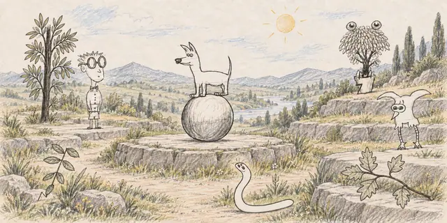 Pencil landscape: A dog balances on its ball while an eccentric audience gathers among leafy hillside terraces.
