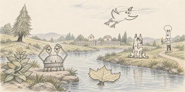 Pencil landscape: An eye-stalk bug and a square cat gather beside a drifting maple leaf at a quiet village river landing.