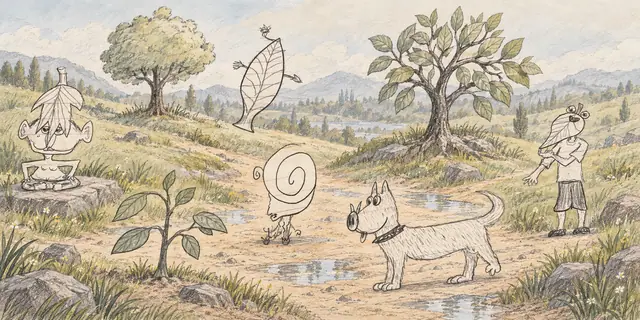 Pencil landscape: Leaf-headed travelers and a spiral gentleman pause with a shaggy dog beside a winding garden path.