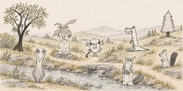 Pencil landscape: A leafy-crowned visitor and an eccentric animal company gather where a little orchard path crosses an open valley.