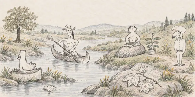 Pencil landscape: A canoe paddler arrives at a peaceful riverbank where a meditator, a sleepy bird, and a long-nosed gentleman wait among soft pencil foliage.
