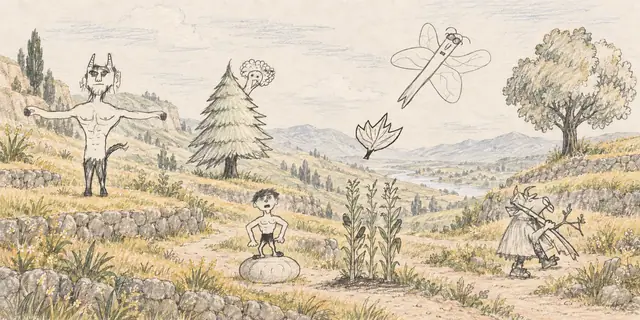 Pencil landscape: A horned woodland gathering watches a great inked leaf drift across terraces of trees and tall corn.