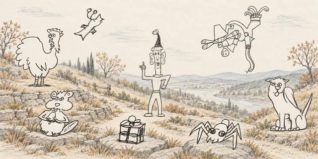 Pencil landscape: An elf, a turkey, and an odd animal company gather around a little wrapped gift on a terraced hillside.