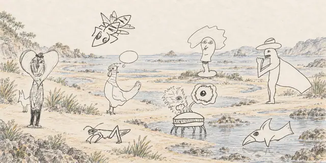 Pencil landscape: A caped traveller, heart-headed gentleman and many-eyed creature pause above shallow pools on a broad, quiet coast.