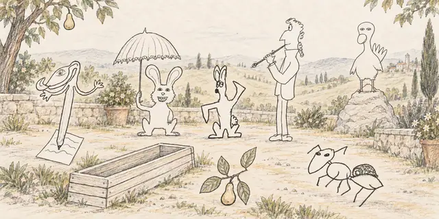 Pencil landscape: A curly-haired flautist rehearses in a quiet pear garden while peculiar rabbits, a grinning pencil, a shell-backed ant and a sleepy bird gather around a wooden planter.
