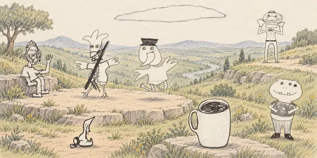 Pencil landscape: A bird musician and dancing companions rehearse on an open hillside beside an enormous mug and a tiny curling flame.