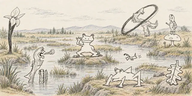 Pencil landscape: Two frogs and a mushroom rider meet beside a quiet marsh, where a curious leafy loop frames the distant water.