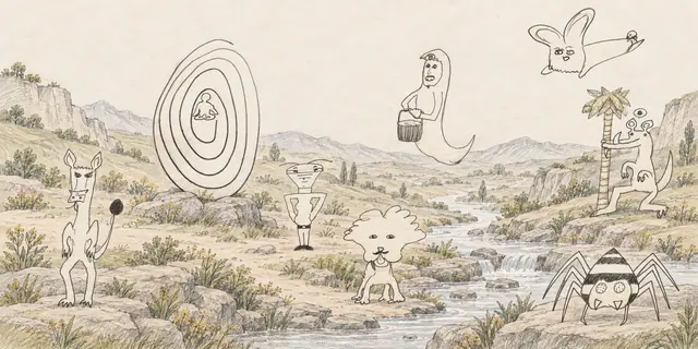 Pencil landscape: A spiral sanctuary draws a bucket-carrying ghost and an eccentric gathering of creatures to a quiet terraced valley.