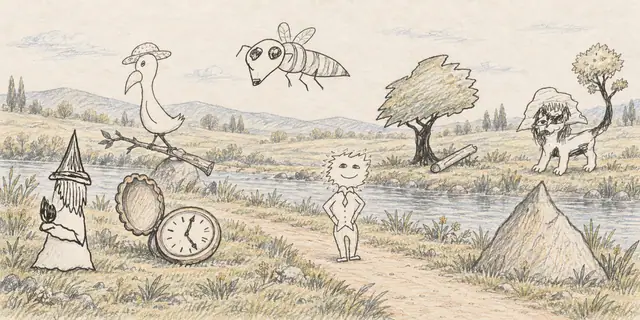 Pencil landscape: A small wizard and hat-wearing creatures gather around an open pocket watch in a quiet meadow beneath a wind-swept tree.