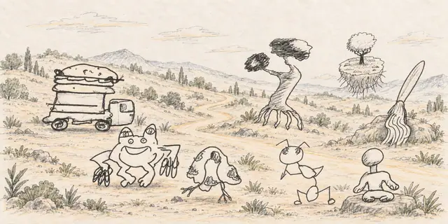 Pencil landscape: A burger truck pauses on a quiet hillside road beside a grinning frog, a spotted mushroom and a long-limbed insect, beneath a rooted floating island and a monumental brush.