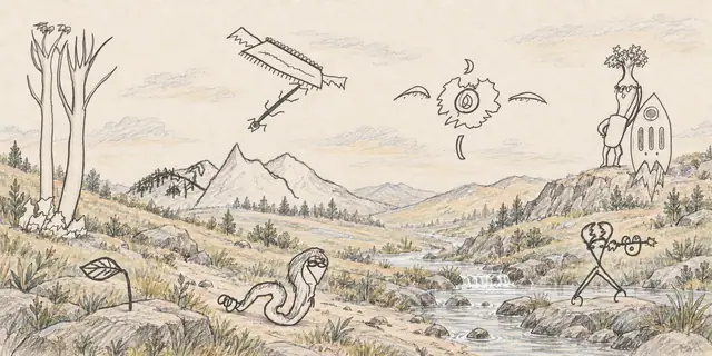Pencil landscape: Sparse trees, a little rocket and a strange company gather across a valley of sharply folded hills.