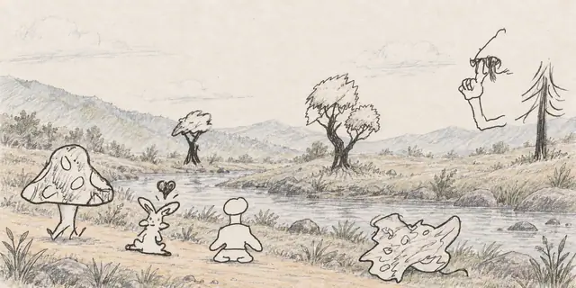 Pencil landscape: A mushroom walker and affectionate rabbit follow a shallow stream through a grove of unusual trees, beneath a quiet pointed-cap guardian.