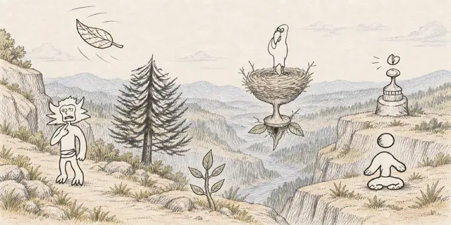 Pencil landscape: A long-beaked nestkeeper watches a pale gorge while a spiky-haired visitor and a floating-headed meditator pause among wind-bent plants.