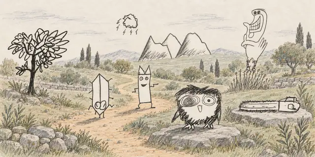 Pencil landscape: An owl and a grinning bird meet two angular visitors among a leafy tree, jagged peaks and quiet afternoon shadows.