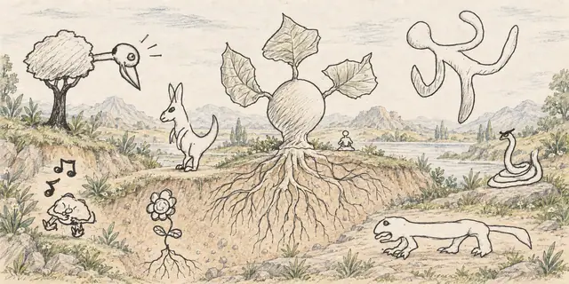 Pencil landscape: A singing creature, a bird-headed tree and wandering animals gather around an enormous plant and its exposed roots.