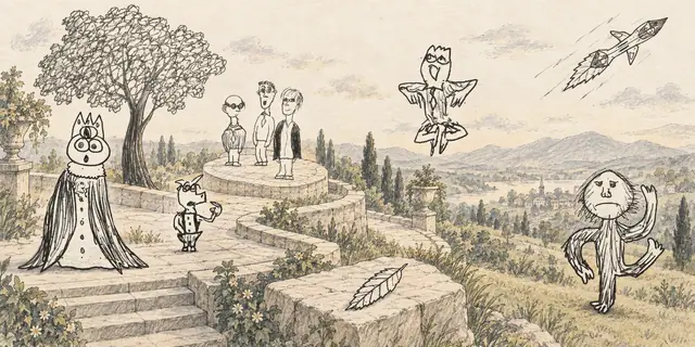 Pencil landscape: A three-eyed ruler and an unlikely company watch a small rocket above a quiet, leafy terrace.