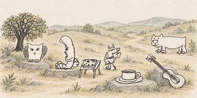 Pencil landscape: A tall-hatted host and an upright dog gather beneath a leafy tree, joined by a square owl and a grinning pig, with a spotted stand, a coffee cup and a waiting guitar.