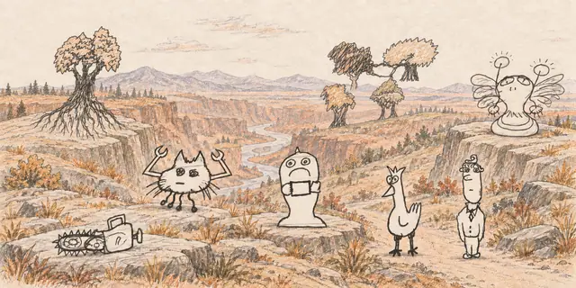 Pencil landscape: Strange woodland travelers pause among exposed roots, copper hills and an old tool beside a winding river.