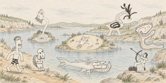 Pencil landscape: A quiet lagoon gathers a long-necked watcher, an expressive fish and an unusual company around a small oval cat garden.