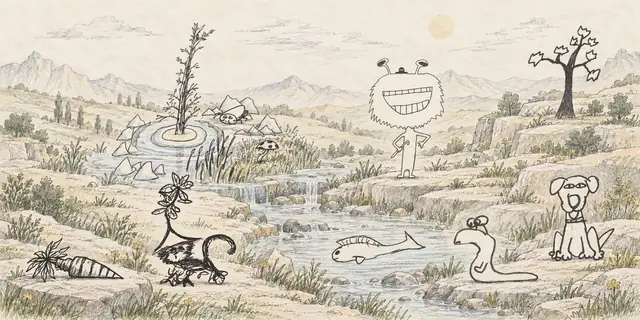 Pencil landscape: A leafy-hatted cat and curious companions gather beside a ringed pool in a broad terraced valley.