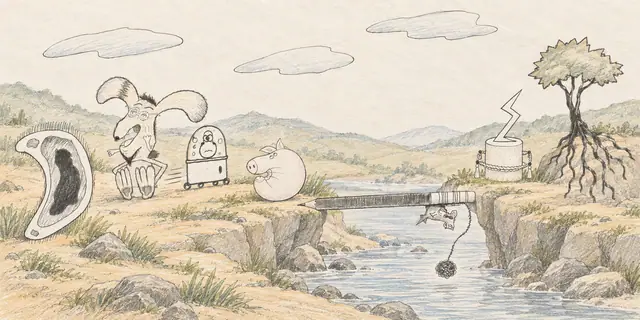 Pencil landscape: A pencil bridge and a rooted tree mark a quiet crossing for a wide-eared traveler, a curled pig and a little wheeled robot.