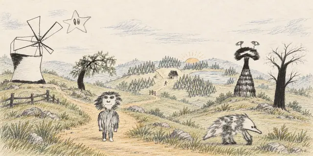 Pencil landscape: A shaggy traveler follows a windmill path through a valley of unusual trees and a distant cabin.