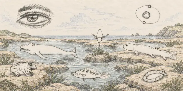 Pencil landscape: Strange aquatic creatures gather in clear terraced pools beneath a watchful pencil eye.