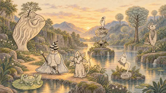 Pencil garden at sunset: A striped-hat bird wizard and leaf-eared cat gather beside a luminous pool, sheltered by richly grained trees and quiet, watchful creatures.