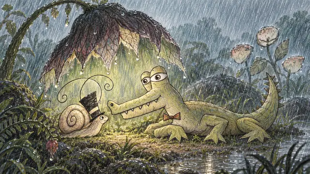 The two travelers make room for each other beneath a giant bell flower during a silver rainstorm.