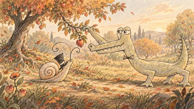 A lowered fruit bough brings an orchard treasure within reach of the curious snail.