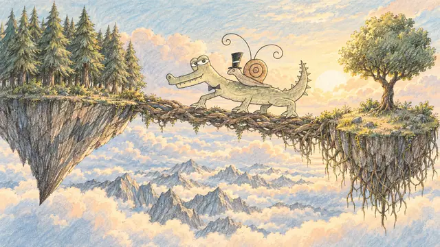 The snail rides on the crocodile as they cross a root bridge between floating forest islands.