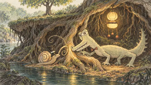 The companions listen together at a great exposed root, beneath the glow of a hanging lantern.
