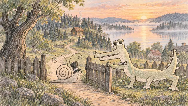 The crocodile holds a lakeside gate open while the snail turns back for one more shared look.