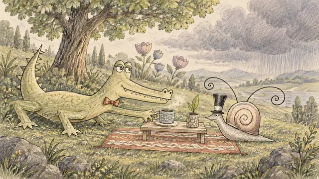 A patterned cup of tea passes between friends while a spring shower approaches their garden.