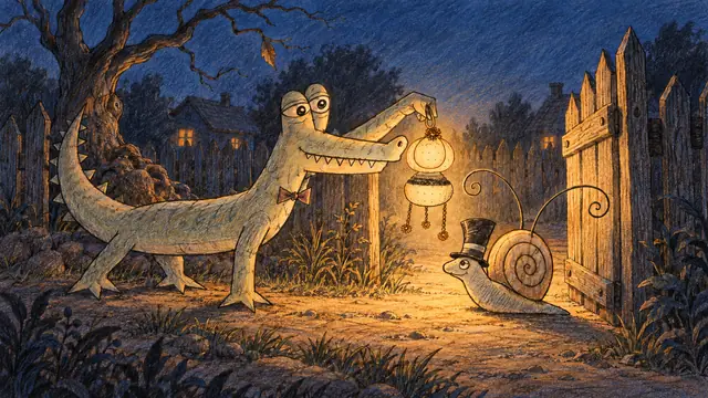 The crocodile lights the snail through a crooked village gate with a flower-tasseled lantern.