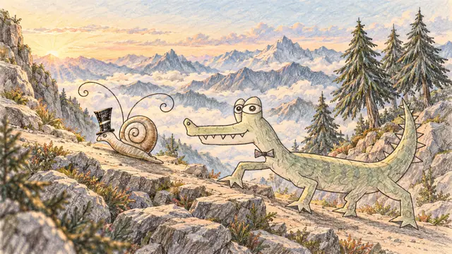 The little snail leads its larger companion up a mountain path above a sea of clouds.