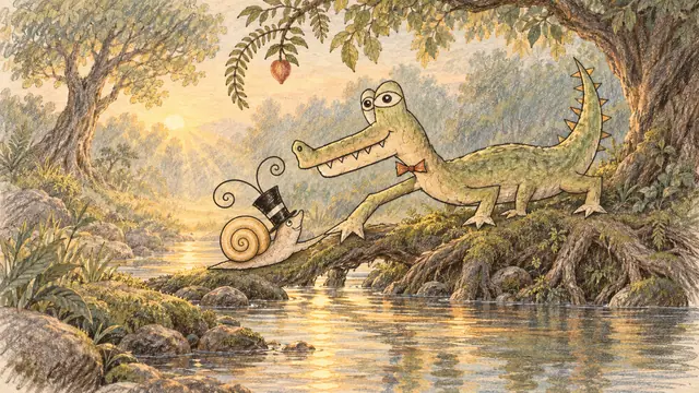 The crocodile offers a steady foot as the snail climbs a mossy crossing above a golden stream.