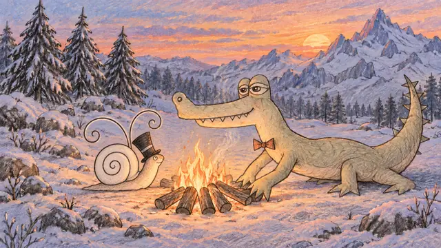 A small log fire brings the companions together in the blue quiet of an alpine evening.