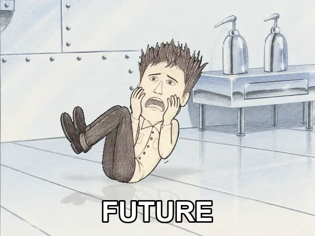 A spiky-haired man in a collared shirt rocks from lying on his back into a panicked crunch in a blue chrome room, with FUTURE beneath him.
