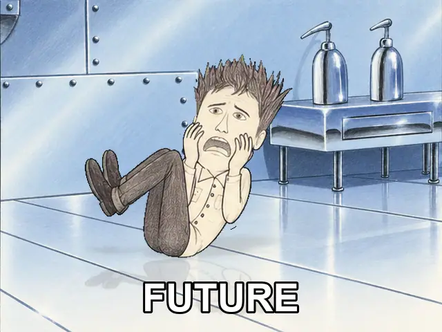 A spiky-haired man in a collared shirt rocks from lying on his back into a panicked crunch in a blue chrome room, with FUTURE beneath him.