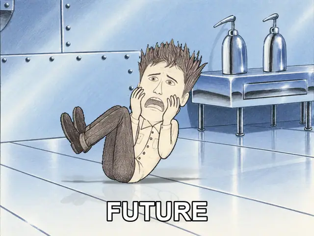 A spiky-haired man in a collared shirt rocks from lying on his back into a panicked crunch in a blue chrome room, with FUTURE beneath him.