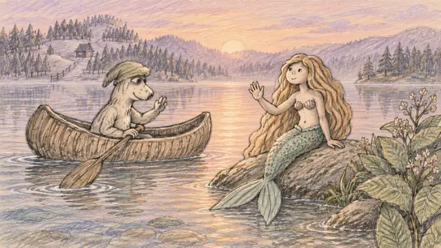 A long-haired mermaid and a cap-wearing canoe paddler exchange a quiet greeting beside flowering leaves and a misty pine valley.