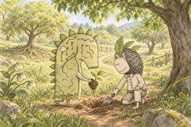 A circuit-patterned creature and a leaf-crowned gardener carefully plant a young shoot in a sunlit orchard.
