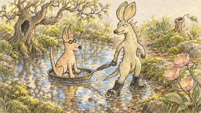 A dragon in oversized boots guides a shallow pan carrying a bespectacled long-eared dog across a sunlit woodland puddle.
