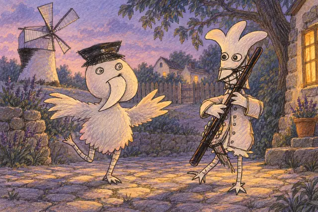A crested bird plays its long instrument while a capped bird dances through a lavender dusk courtyard beneath a crooked windmill.