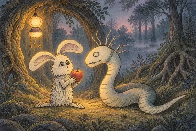 A shaggy long-eared rabbit offers an apple to a friendly whiskered serpent beneath a lantern-lit root arch.
