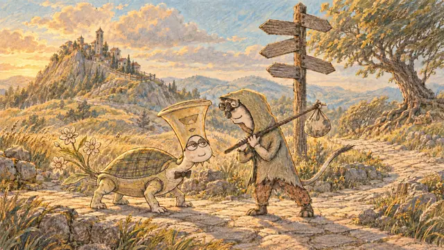A hooded woodland traveler listens closely to a flowering trumpet-headed turtle at a blank signpost below a hilltop village.