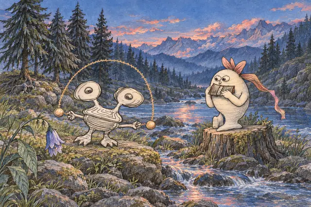 A wide-eyed orb juggler keeps time with a crested harmonica player beside a blue mountain stream.