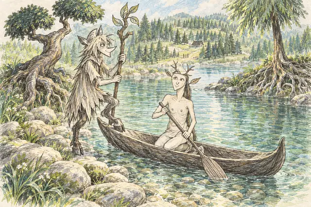 An antler-crowned paddler steadies a curved canoe while a leaf-horned faun steps aboard from a root-bound bank in a green pine valley.