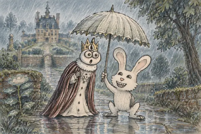 A toothy rabbit angles its fringed umbrella over a surprised three-eyed king on the rain-soaked approach to an ornate manor.